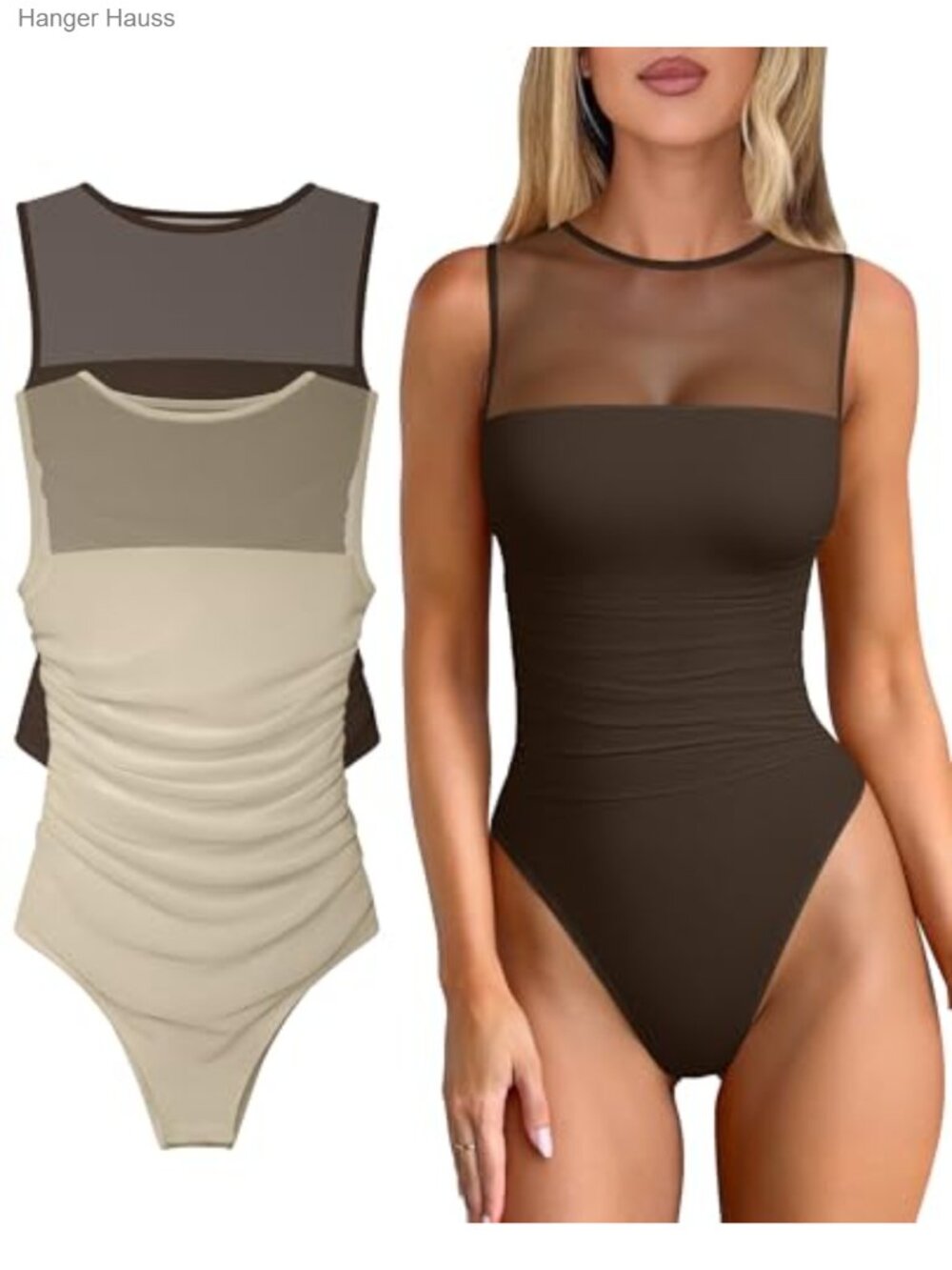 OQQ Womens 2-Piece Bodysuit Shapewear Ruched Mesh Halter Top